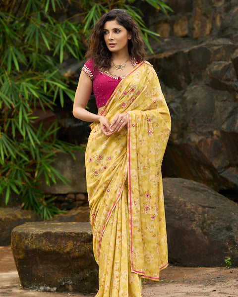 Yellow Floral Printed Saree