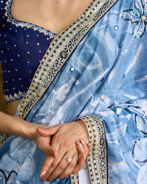 Sky Blue Floral Printed Saree