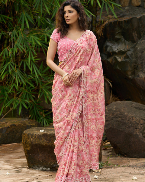 Blush Pink Floral Printed Saree