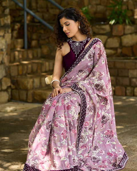 Purple Floral Printed Saree