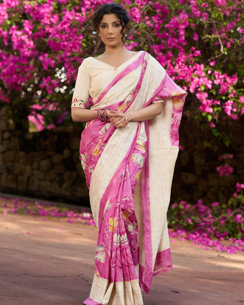 Pink Pure Tussar Silk Printed Saree