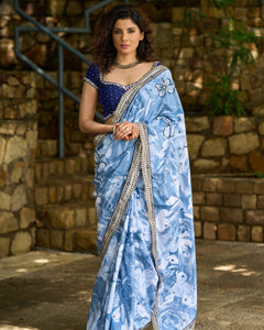 Sky Blue Floral Printed Saree