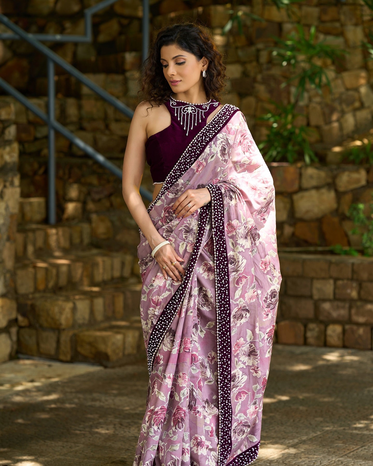 Purple Floral Printed Saree