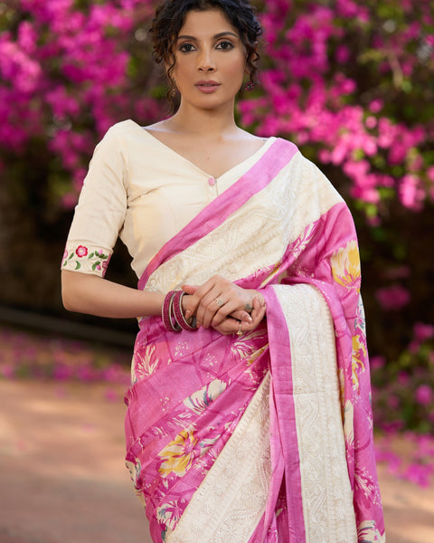 Pink Pure Tussar Silk Printed Saree