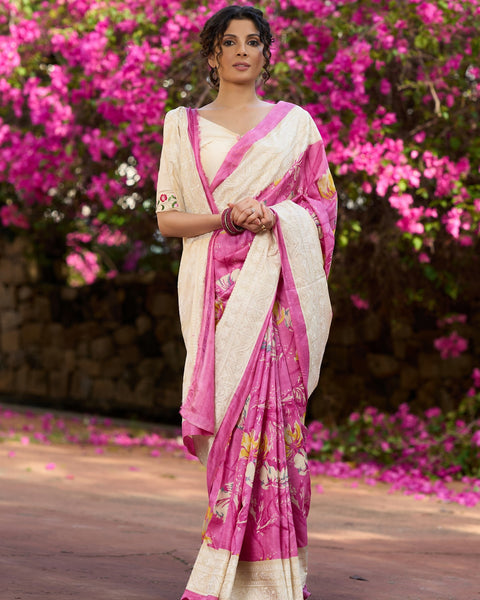 Pink Pure Tussar Silk Printed Saree