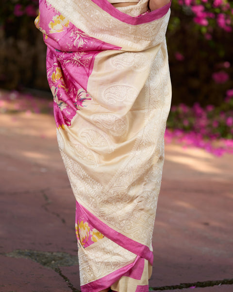 Pink Pure Tussar Silk Printed Saree