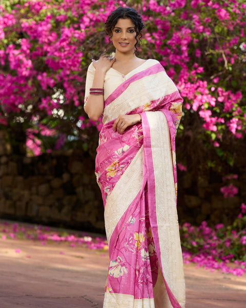 Pink Pure Tussar Silk Printed Saree