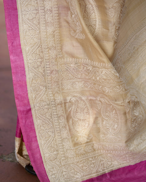 Pink Pure Tussar Silk Printed Saree