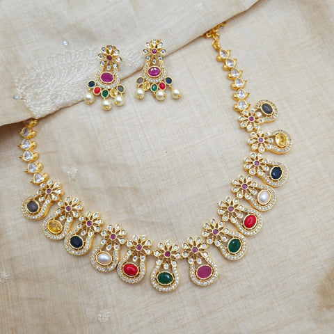 Designer Navratan gold plated necklace set