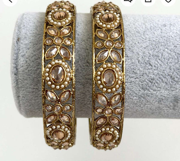 Pair of Polki Pearl Kundan antique dull gold finish Bangles Pair