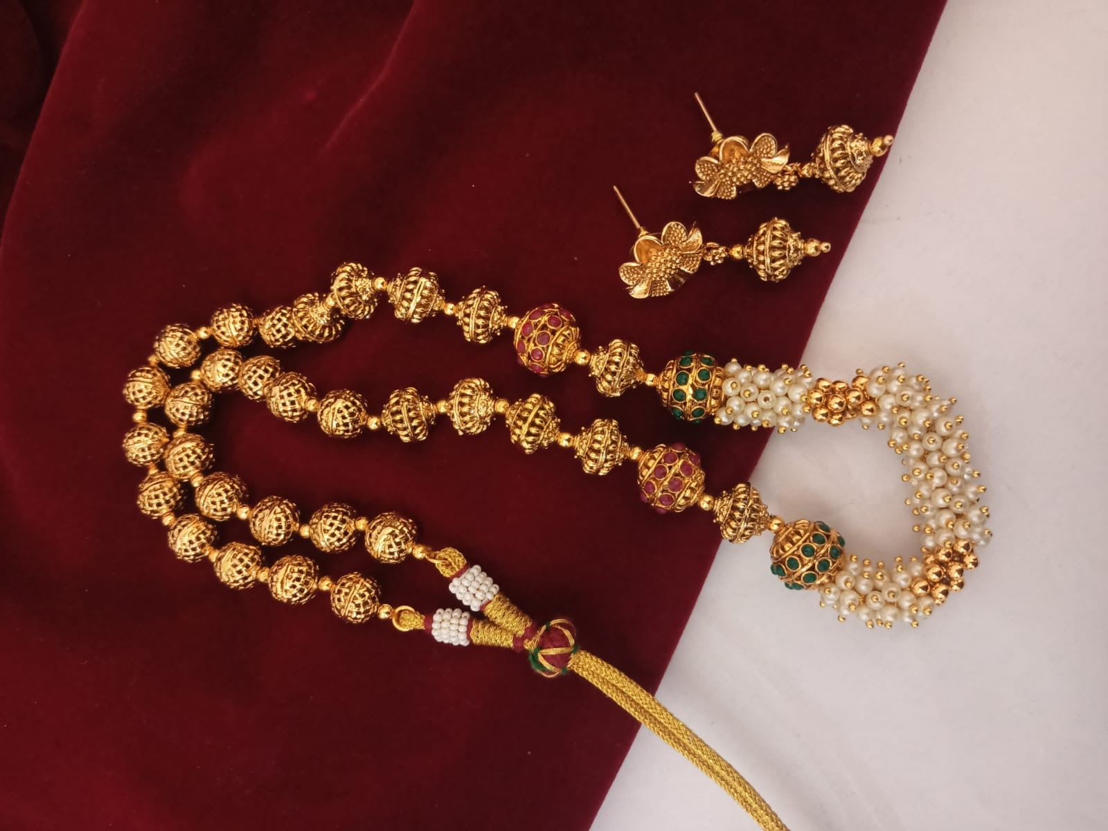 South Indian Gold Plated Pearl Necklace Mala with Green and Red Stonework