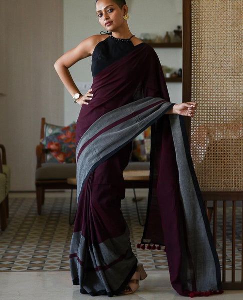 Dark Chocolate Maroon Cotton Handloom Saree