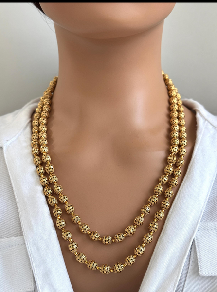 Double Layered Gold Matar Mala Necklace Strand with Earrings