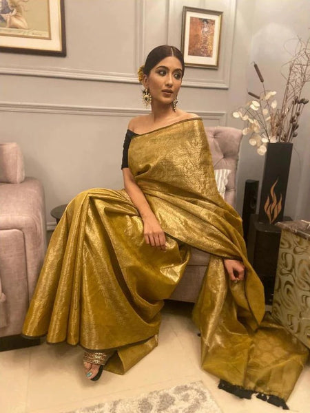 Olive Green Golden Semi Tissue Silk Saree