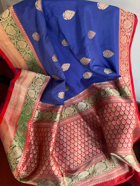 Pure Katan Silk Handloom Saree in Royal Blue and Red