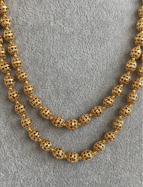 Double Layered Gold Matar Mala Necklace Strand with Earrings