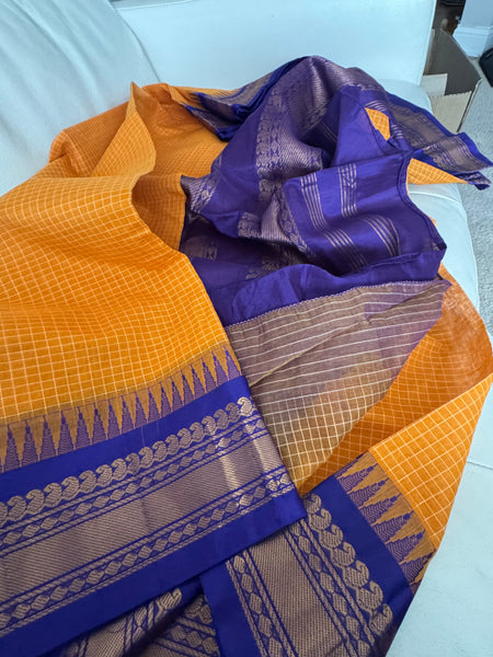 Pure Cotton Orange and Blue Gadwal Saree