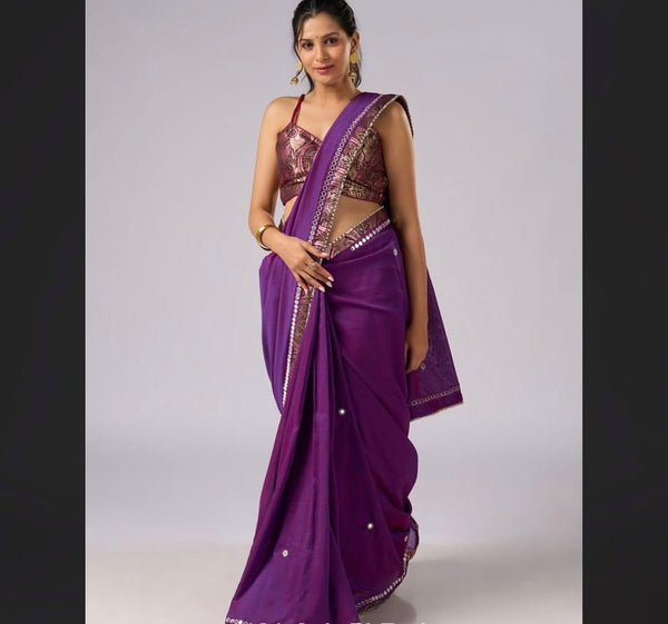 Vi]olet cotton two tone saree with hand embroidery and Benarasi border