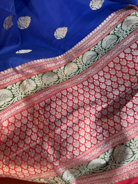 Pure Katan Silk Handloom Saree in Royal Blue and Red