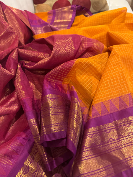 Pure Cotton Orange and Purple Magenta Gadwal Saree