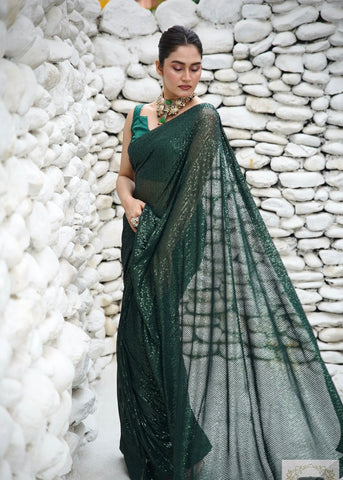 Green Sequin Sequence Chiffon Saree