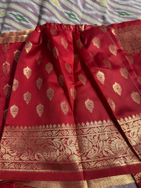 Girl's Ethnic Annaprashan Bengali style Banarasi Red Ready to Wear Pre-stitched Saree