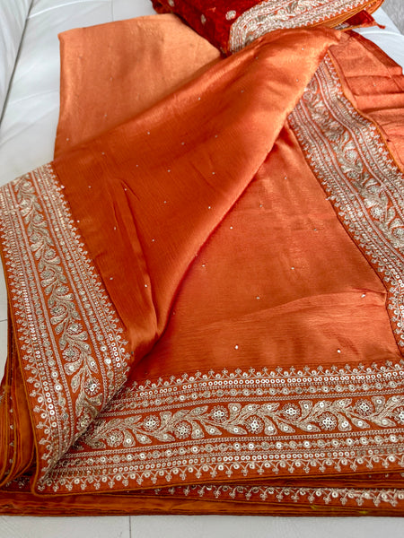 Orange Satin Mukaish Work Saree with Antique Zari Embroidery