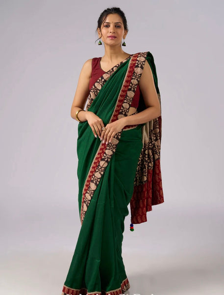 GREEN COTTON SAREE WITH BEIGE AND RED FLORAL AJRAKH ACCENTS