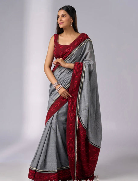 Grey Cotton Saree with Maroon Ikat borders