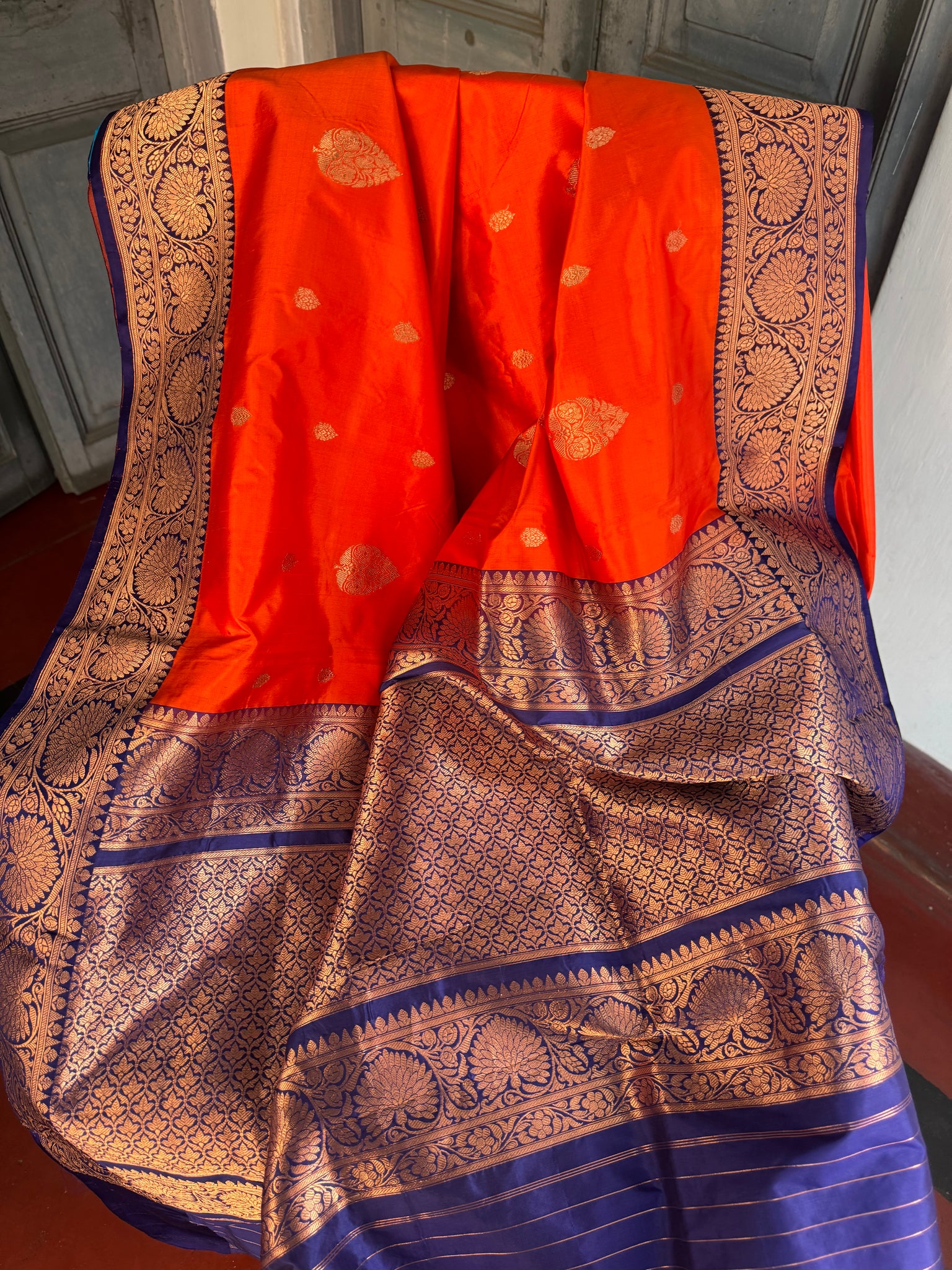 Pure Katan Silk Handloom Saree in Orange and Royal Blue