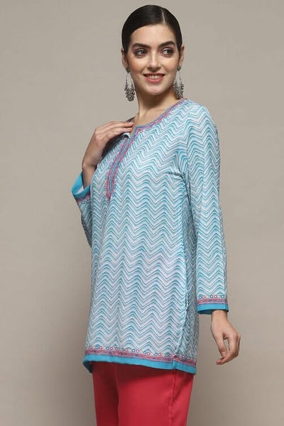 Sky Blue Soft Crepe Printed Straight Kurti