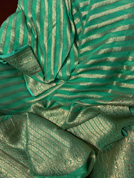 Pastel Green and Gold Pure Khaddi Chiffon Saree