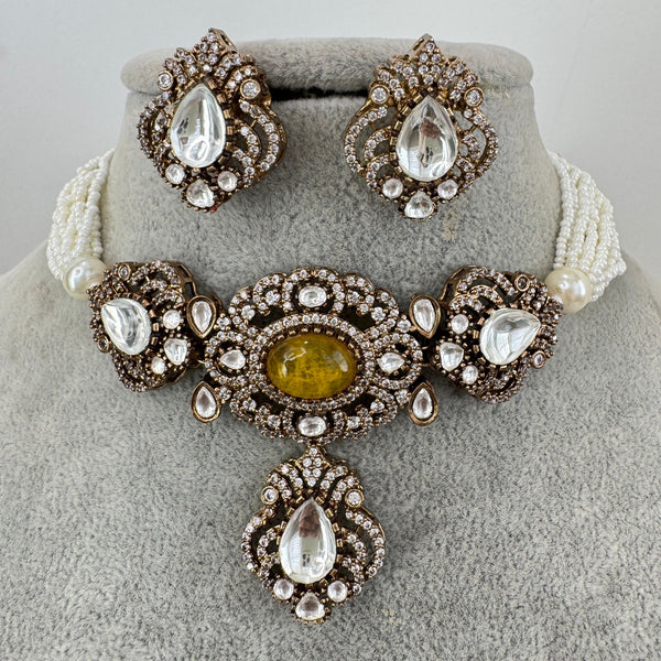 Yellow Victorian Sabyasachi-inspired Moissanite Polki Kundan choker Necklace Set