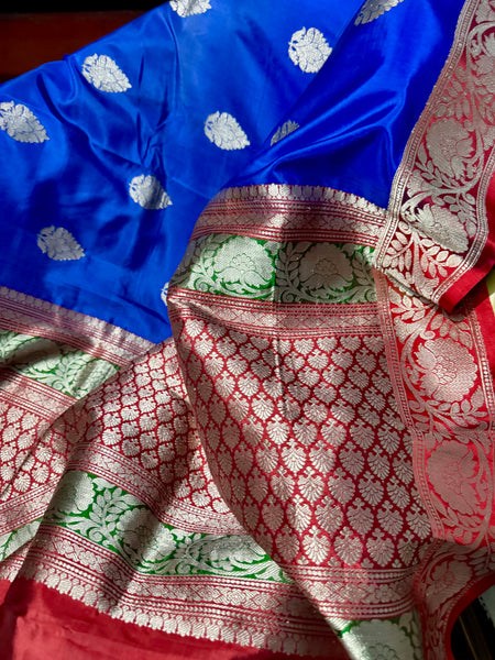 Pure Katan Silk Handloom Saree in Royal Blue and Red