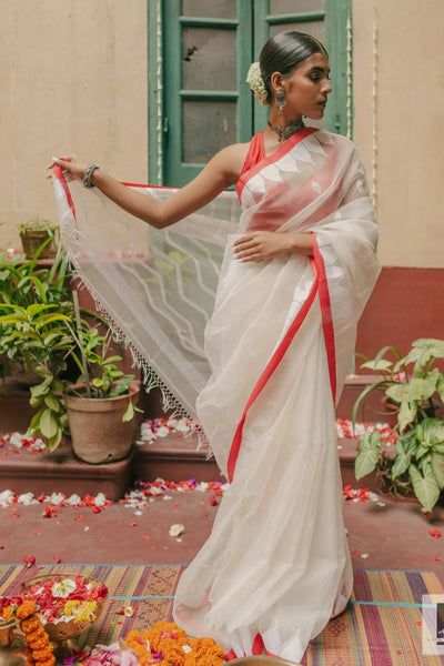 Red and White Handloom Silk Saree