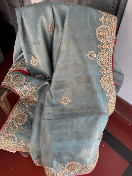 Sku Blue Tissue Chanderi Silk Saree