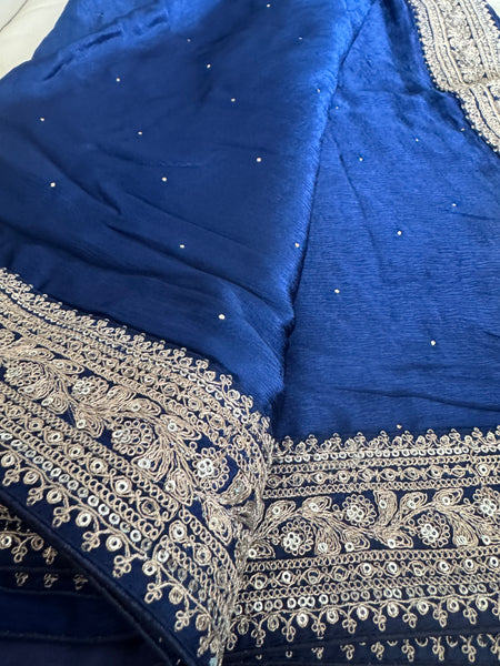 Deep Midnight Blue Satin Mukesh Work Saree with Antique Zari Embroidery