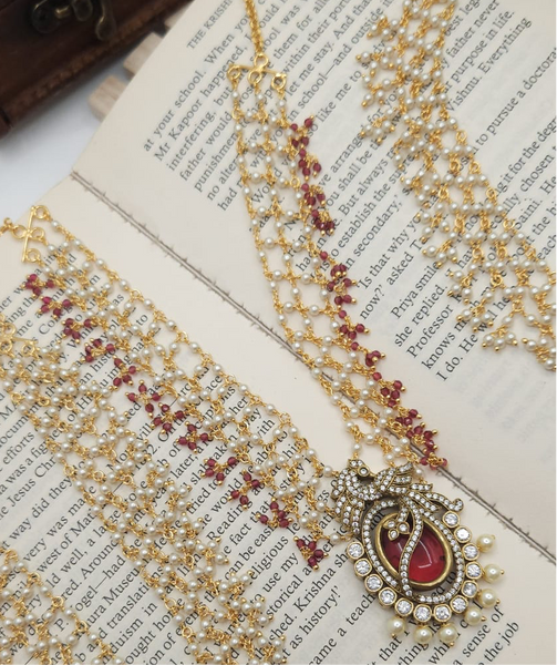 Victorian polki necklace with earrings in Red Color