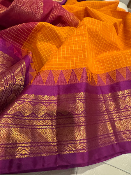 Pure Cotton Orange and Purple Magenta Gadwal Saree