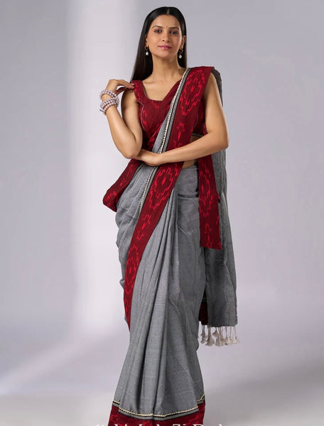 Grey Cotton Saree with Maroon Ikat borders