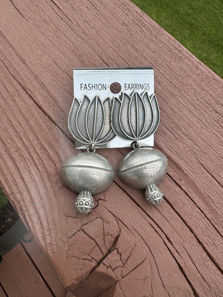 Antique silver look alike German Silver oxidized Lotus earrings