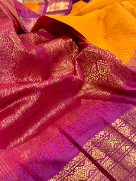 Pure Cotton Orange and Purple Magenta Gadwal Saree