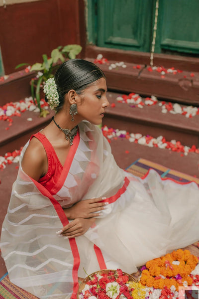 Red and White Handloom Silk Saree