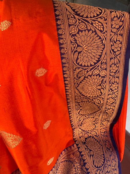 Pure Katan Silk Handloom Saree in Orange and Royal Blue