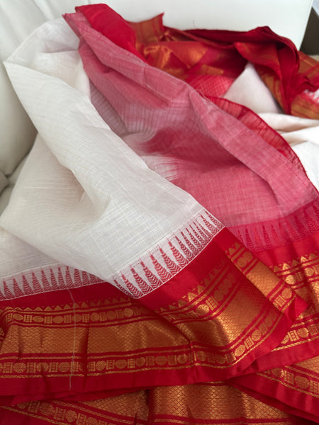 White and Red Cotton Gadhwal Saree