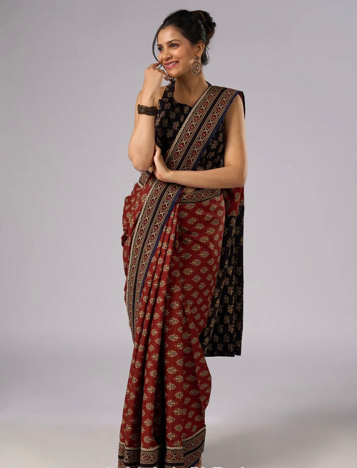 Brown Cotton Printed combination saree with Ajrakh border