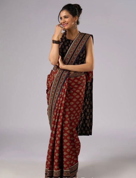 Brown Cotton Printed combination saree with Ajrakh border