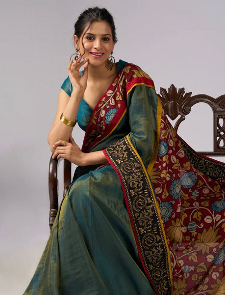 Green Shaded Tissue saree with Hand Painted Kalamkari pallu