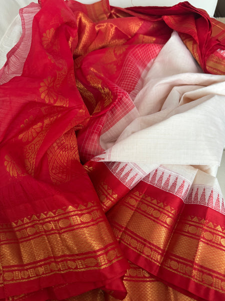 White and Red Cotton Gadhwal Saree