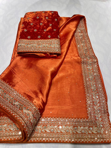 Orange Satin Mukaish Work Saree with Antique Zari Embroidery